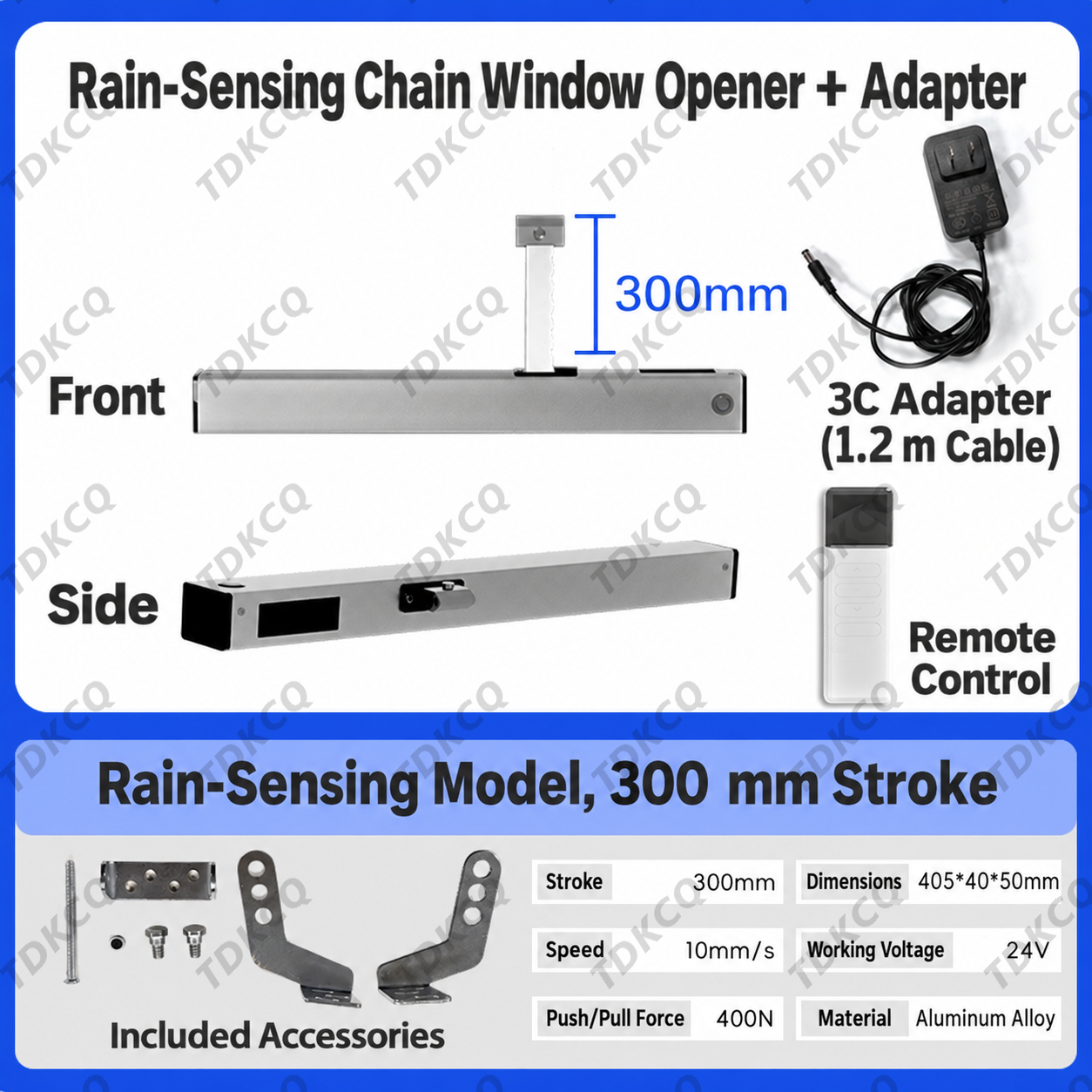 Rain-sensing electric chain window opener with remote control and power adapter