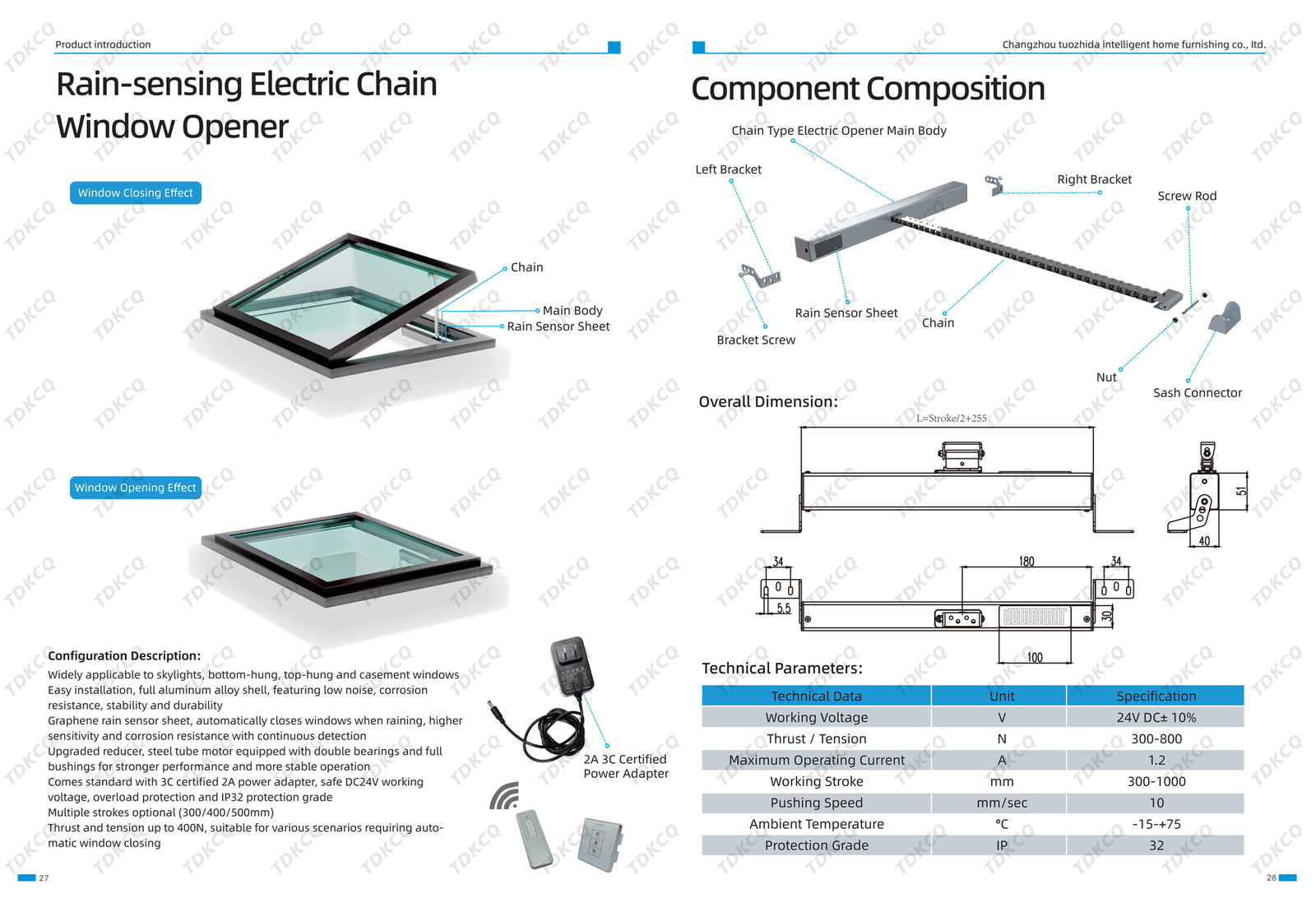 Rain-sensing electric chain window opener product details, components, dimensions and technical parameters